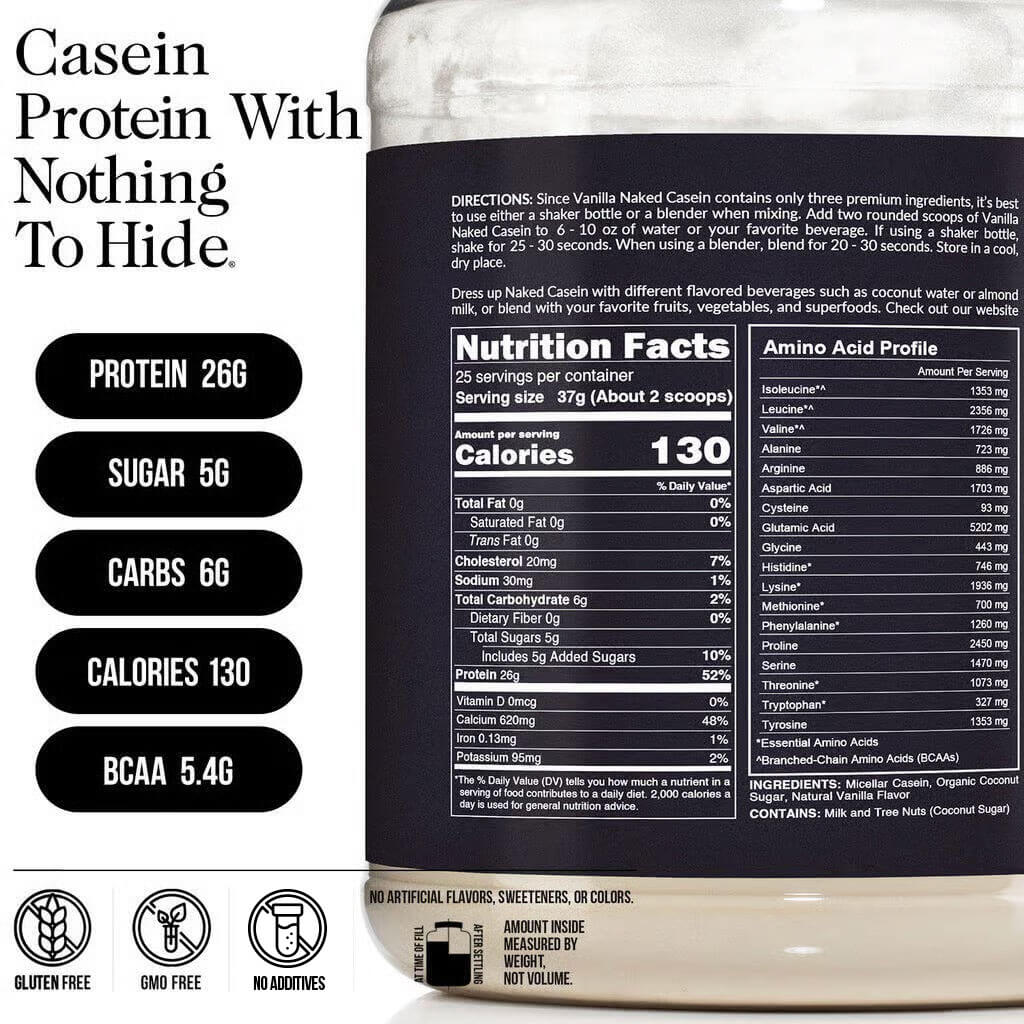 Vanilla Casein Protein Powder - Vanilla - Standard Size for Easy Mixing at Home or On the Go